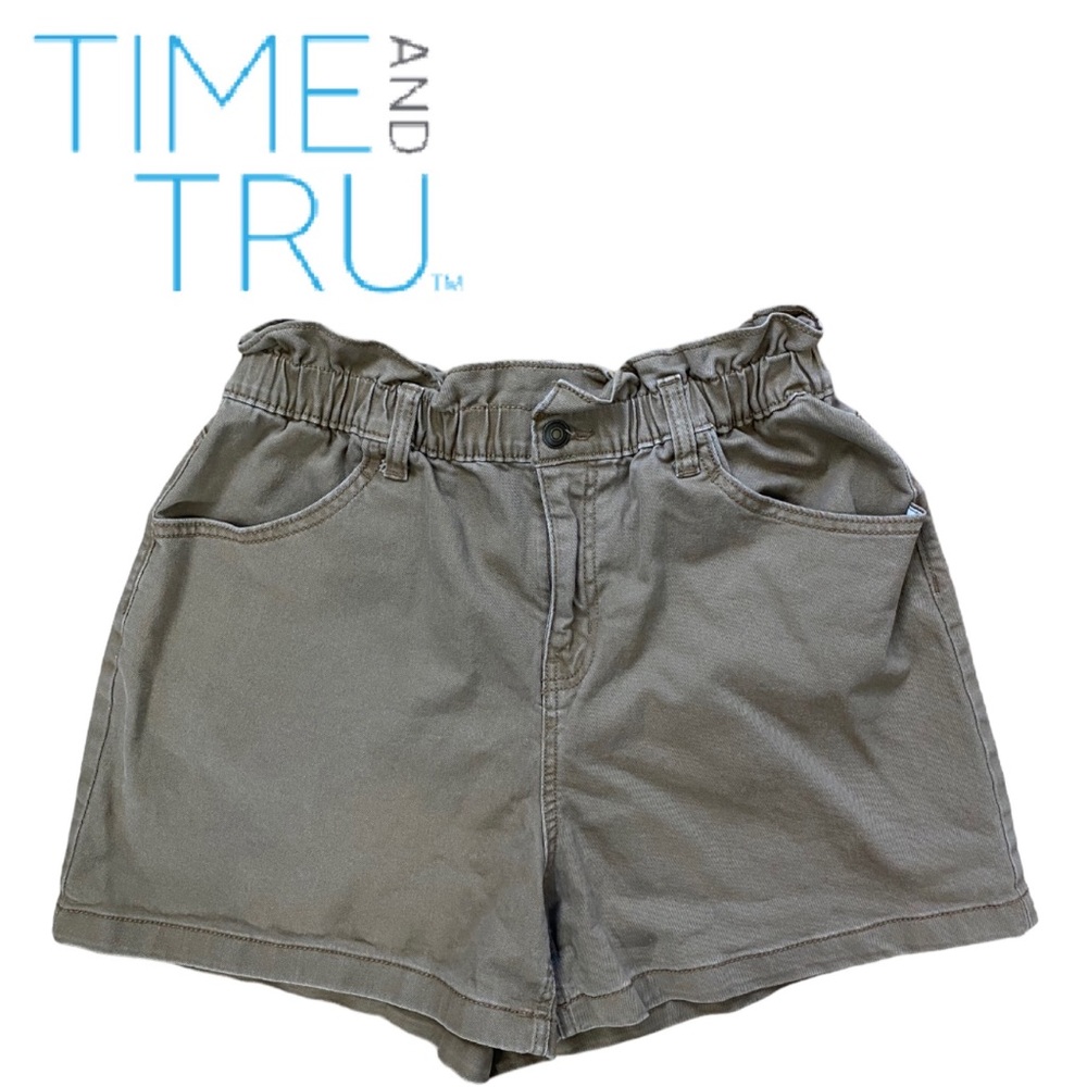 TIME and TRU Paper bag Tan Denim Shorts High Rise Wide Band Belt loop Women’s 12